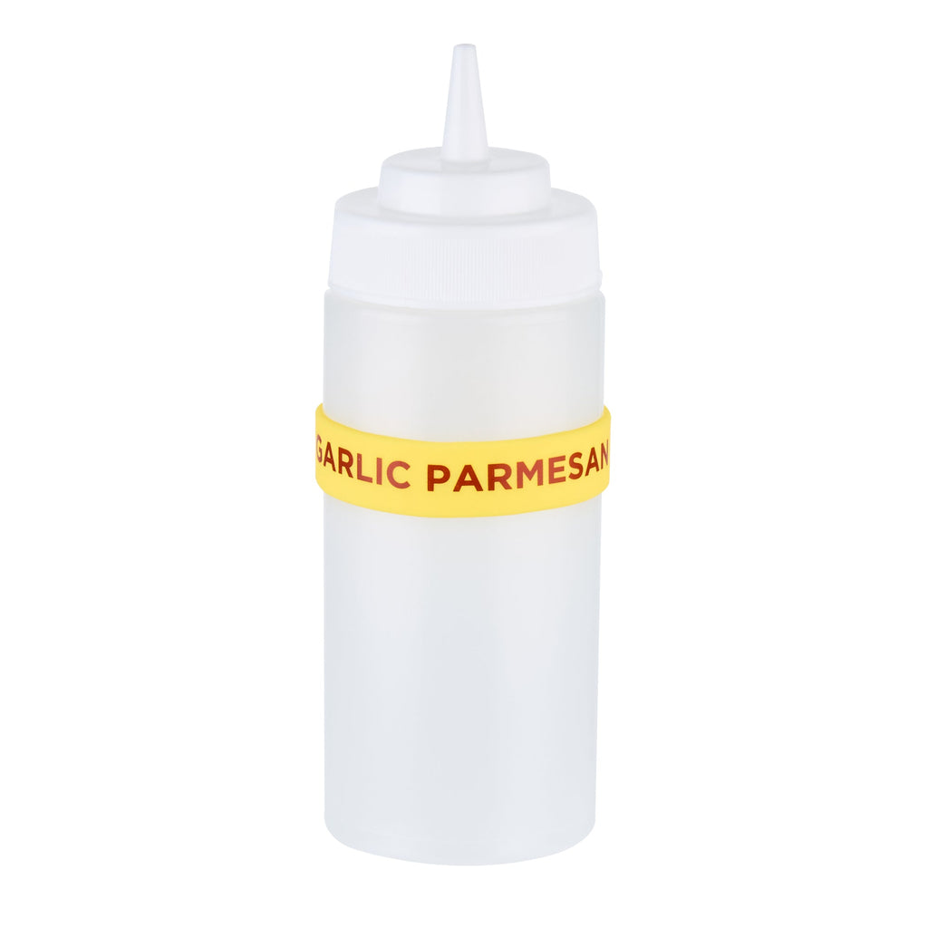 First In First Out Yellow Silicone Garlic Parmesan Label Band - Fits 16, 20 and 24 oz Squeeze Bottles - 10 count box