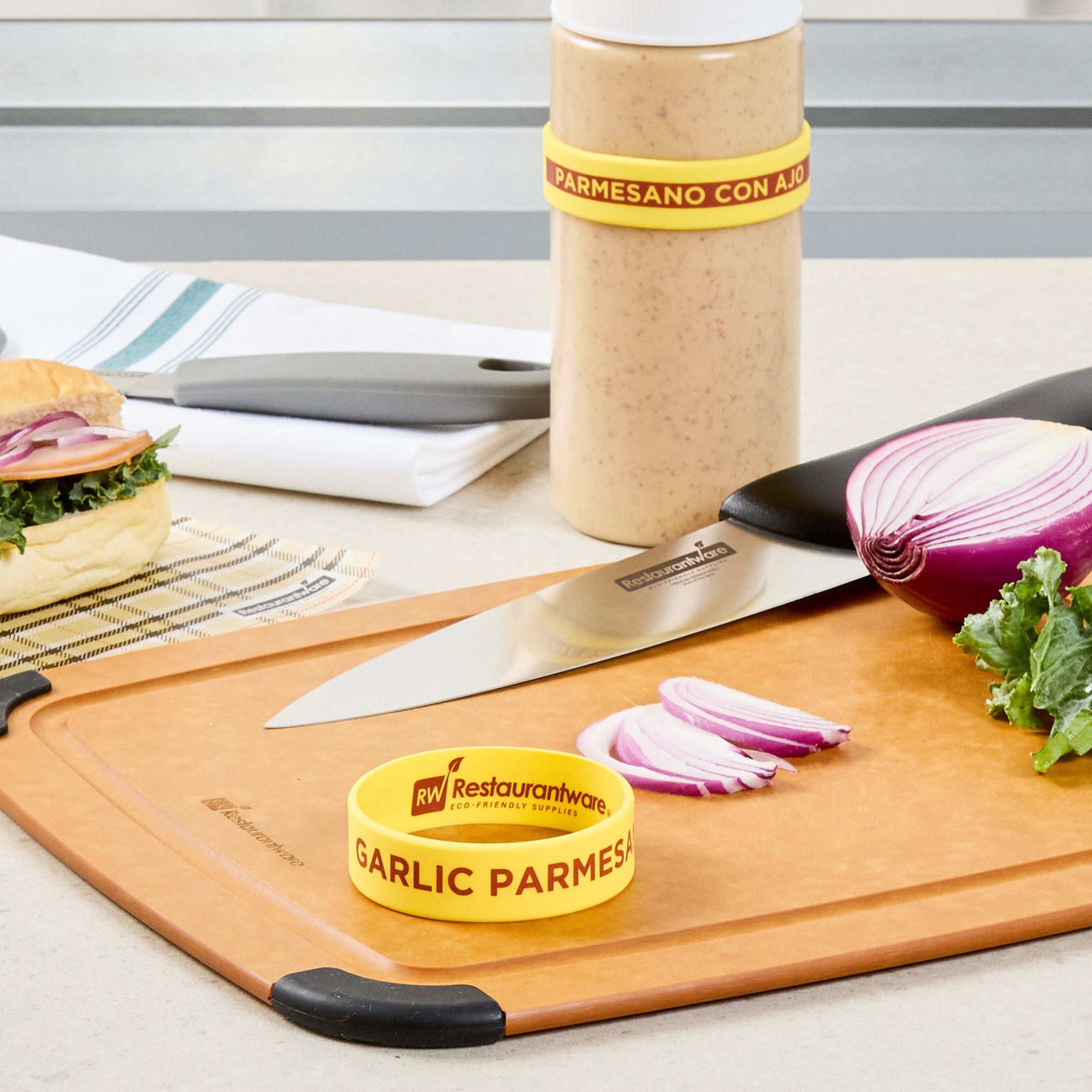 First In First Out Yellow Silicone Garlic Parmesan Label Band - Fits 16, 20 and 24 oz Squeeze Bottles - 10 count box