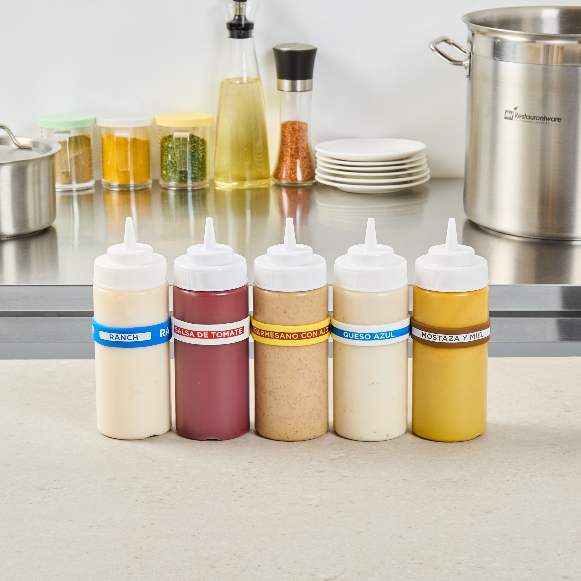 First In First Out Yellow Silicone Garlic Parmesan Label Band - Fits 16, 20 and 24 oz Squeeze Bottles - 10 count box