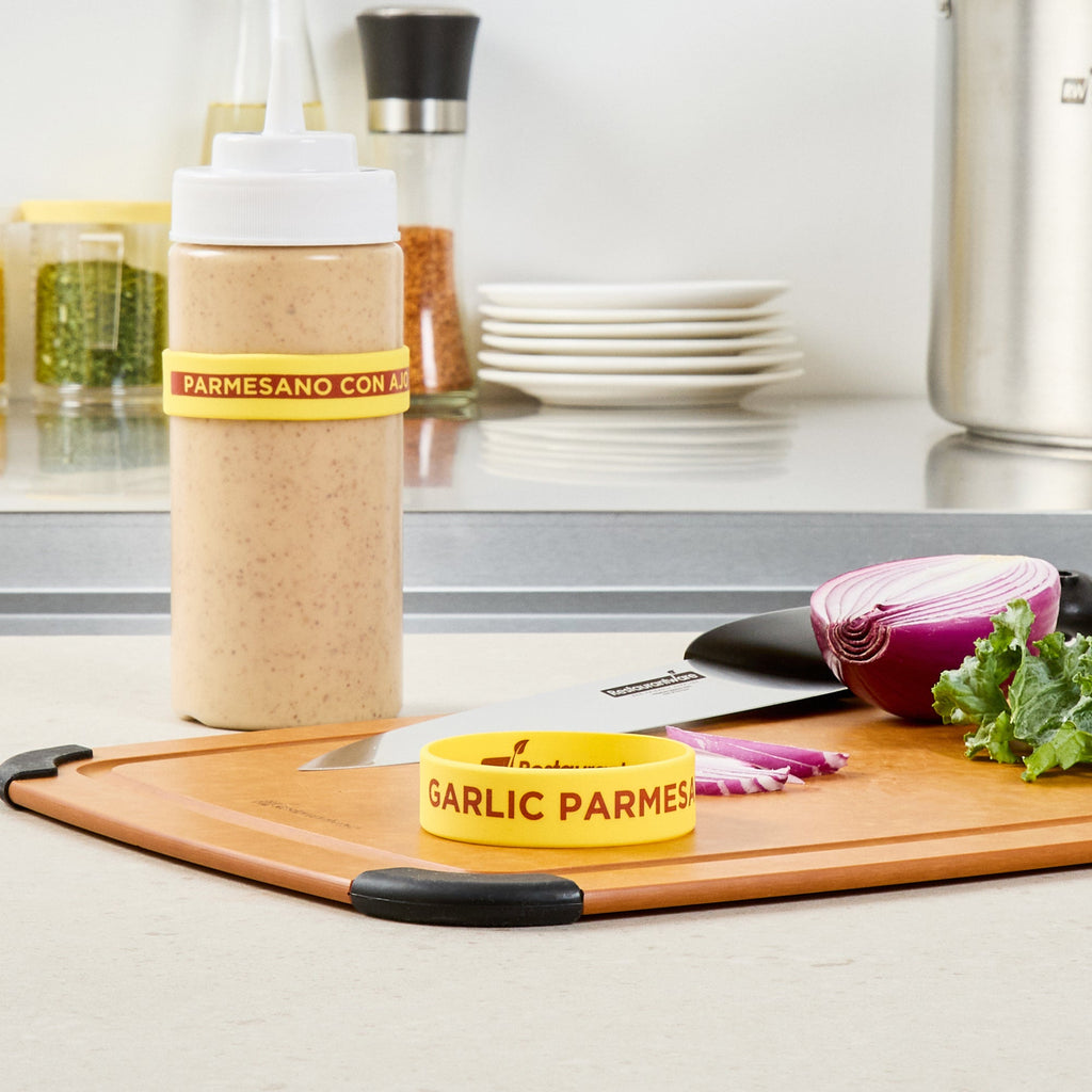 First In First Out Yellow Silicone Garlic Parmesan Label Band - Fits 16, 20 and 24 oz Squeeze Bottles - 10 count box