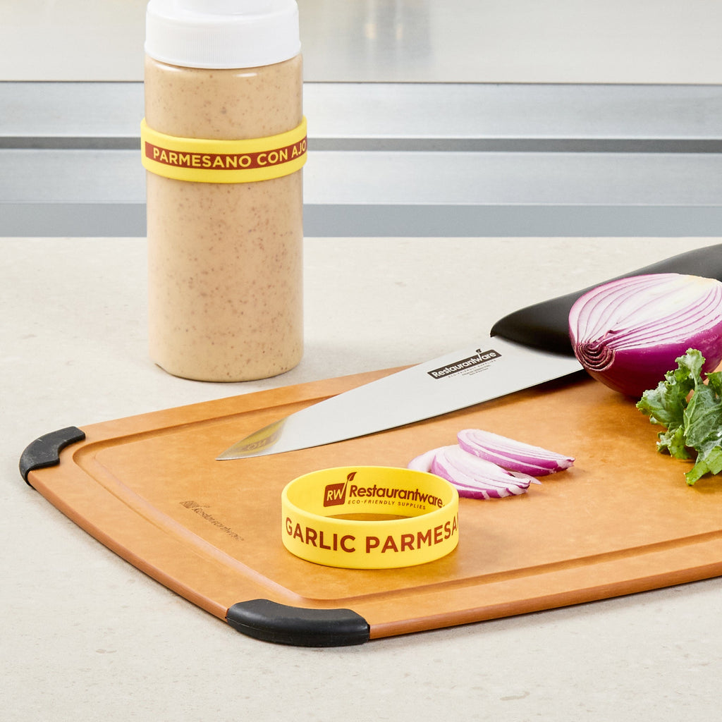 First In First Out Yellow Silicone Garlic Parmesan Label Band - Fits 16, 20 and 24 oz Squeeze Bottles - 10 count box