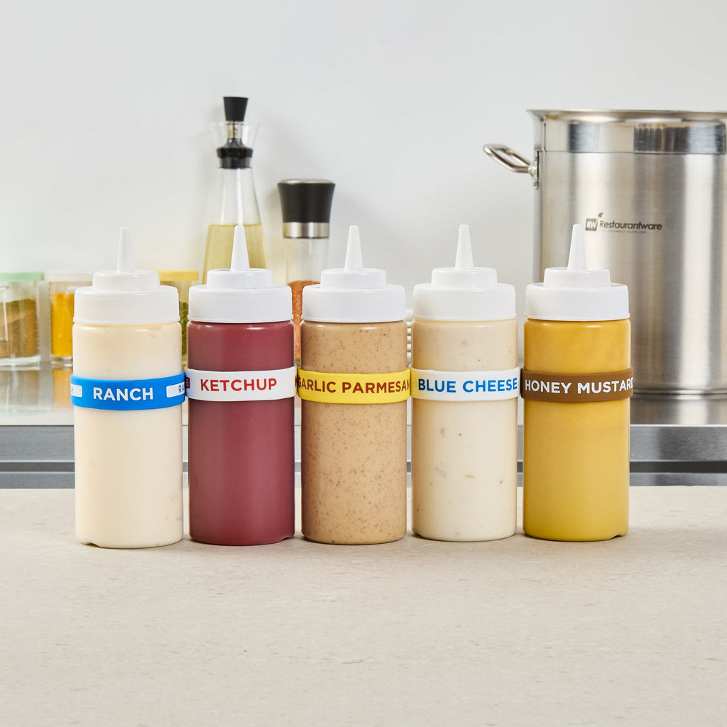 First In First Out Yellow Silicone Garlic Parmesan Label Band - Fits 16, 20 and 24 oz Squeeze Bottles - 10 count box