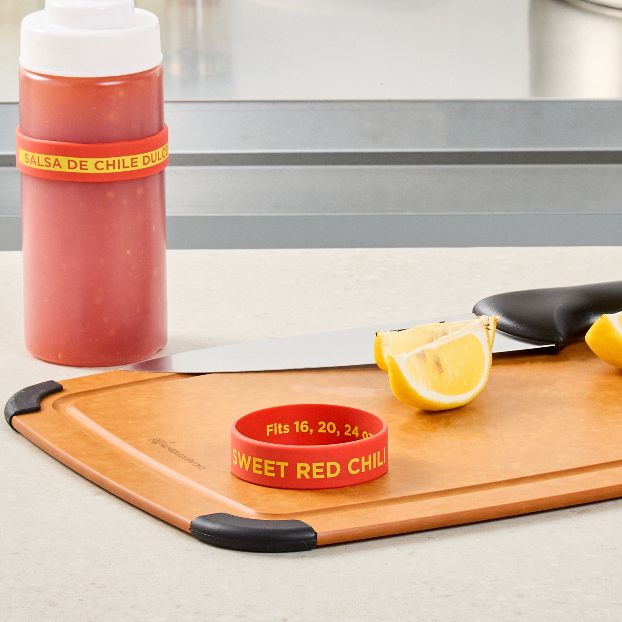 First In First Out Red Silicone Sweet Red Chili Label Band - Fits 16, 20 and 24 oz Squeeze Bottles - 10 count box