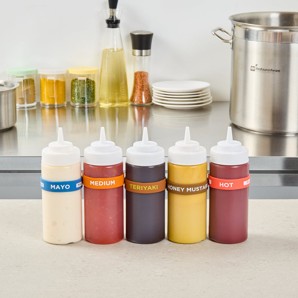 First In First Out Brown Silicone Teriyaki Label Band - Fits 16, 20 and 24 oz Squeeze Bottles - 10 count box