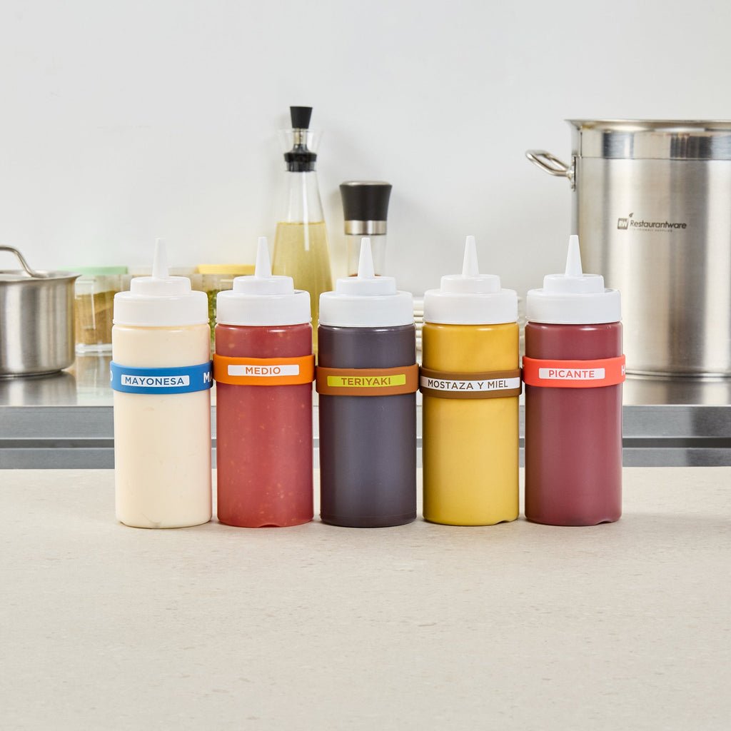First In First Out Brown Silicone Teriyaki Label Band - Fits 16, 20 and 24 oz Squeeze Bottles - 10 count box