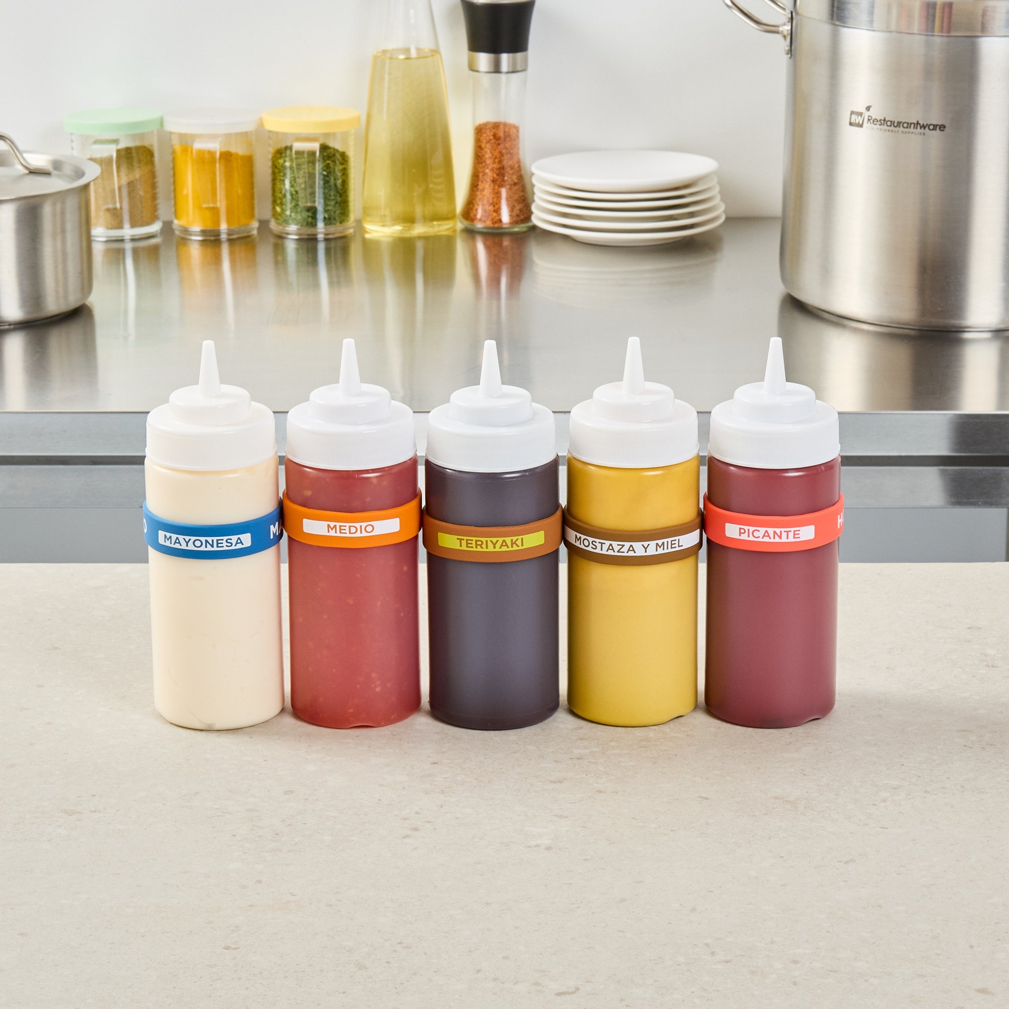 First In First Out Brown Silicone Teriyaki Label Band - Fits 16, 20 and 24 oz Squeeze Bottles - 10 count box