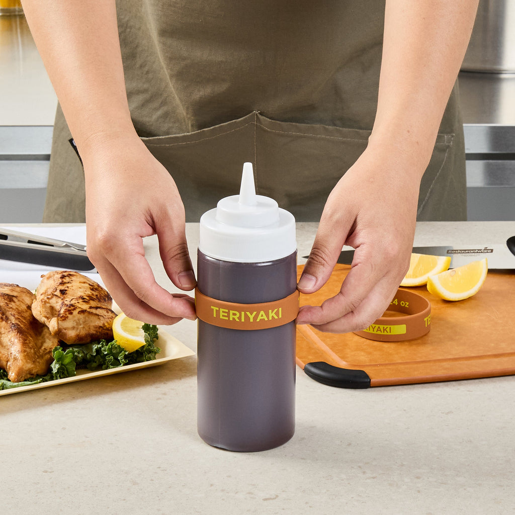 First In First Out Brown Silicone Teriyaki Label Band - Fits 16, 20 and 24 oz Squeeze Bottles - 10 count box