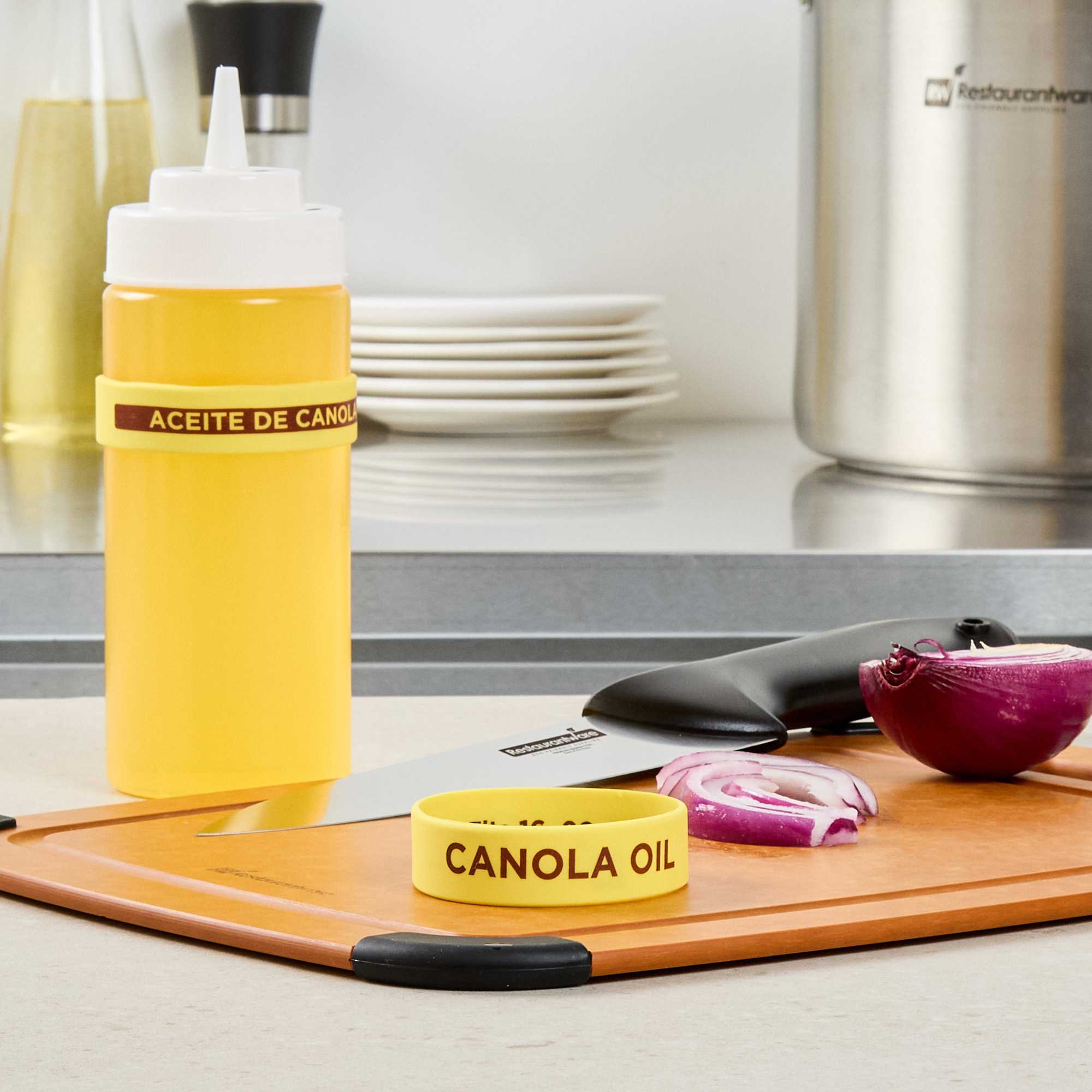First In First Out Yellow Silicone Canola Oil Label Band - Fits 16, 20 and 24 oz Squeeze Bottles - 1 count box