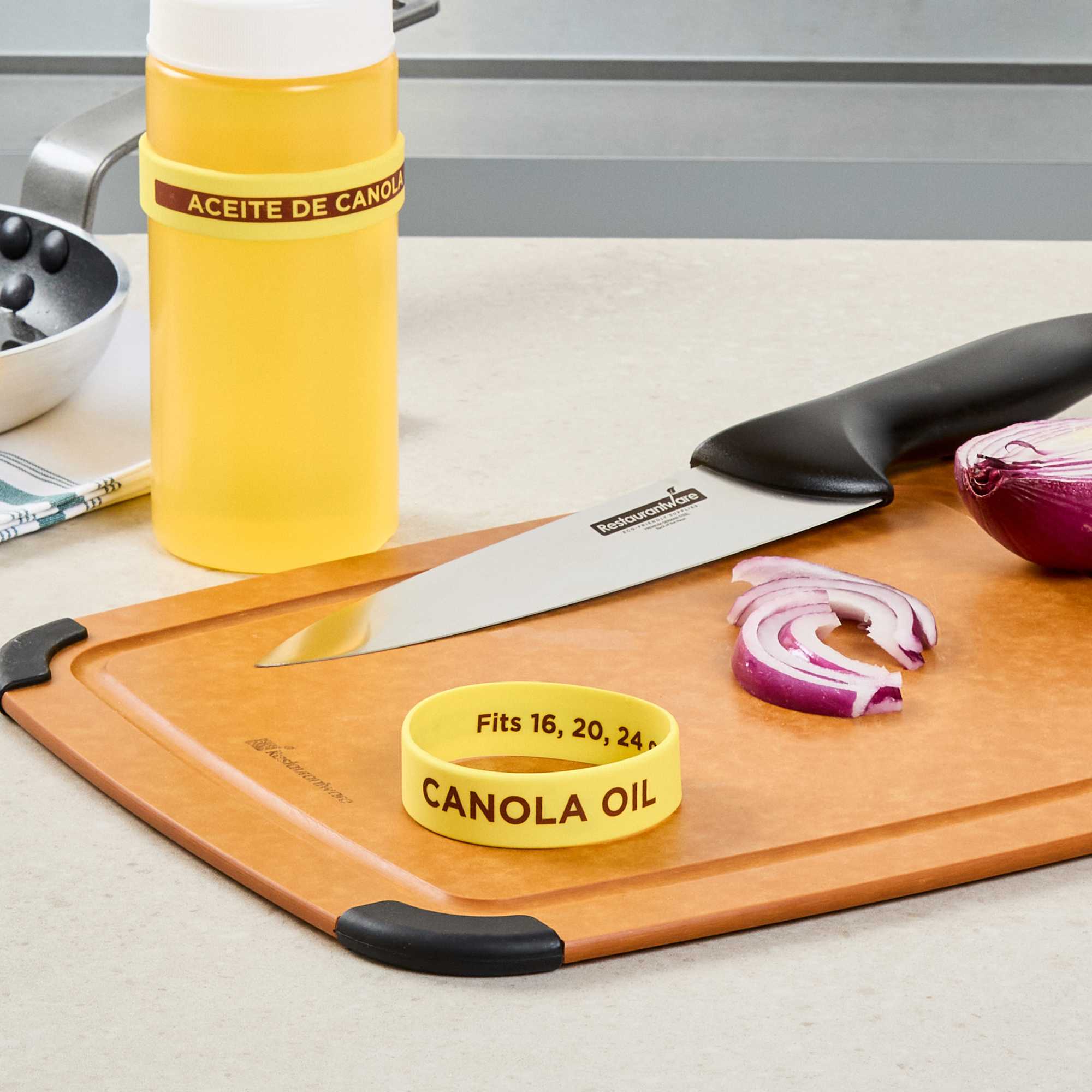 First In First Out Yellow Silicone Canola Oil Label Band - Fits 16, 20 and 24 oz Squeeze Bottles - 1 count box