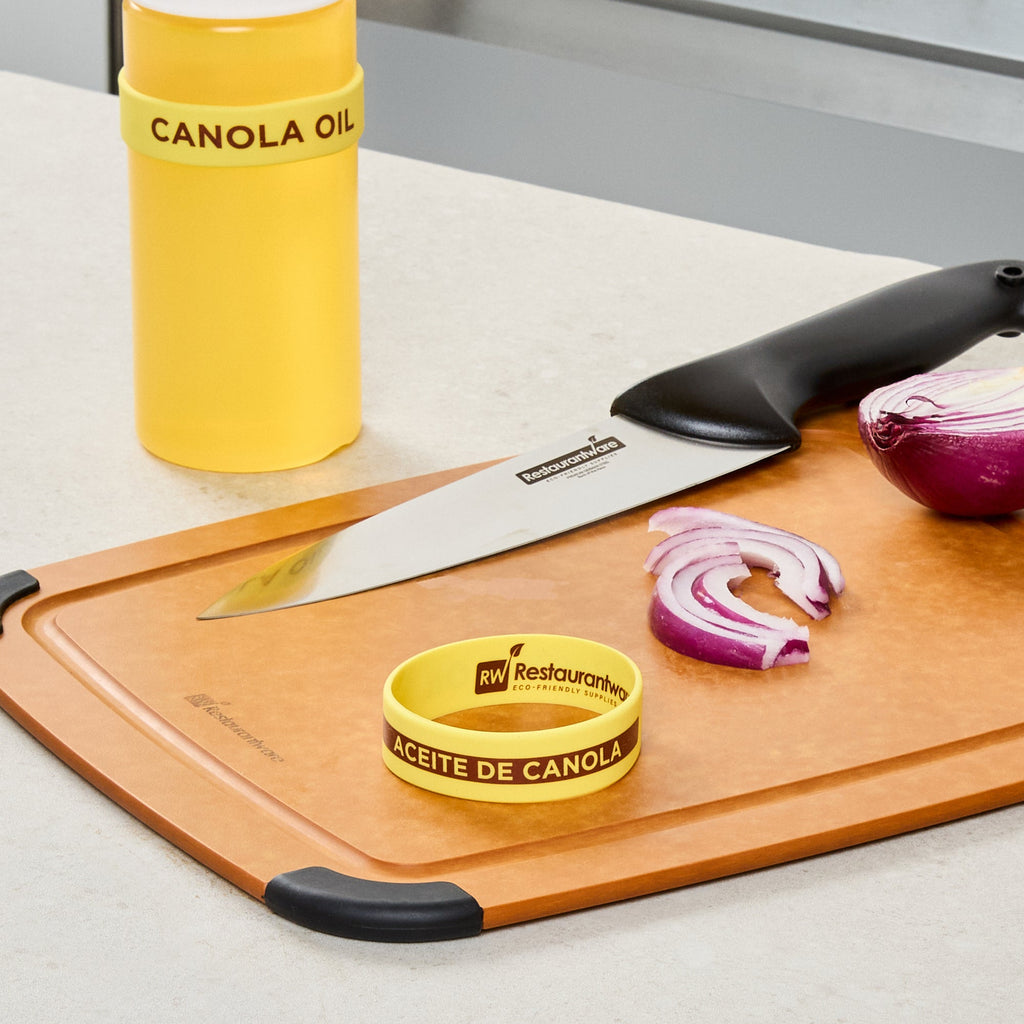 First In First Out Yellow Silicone Canola Oil Label Band - Fits 16, 20 and 24 oz Squeeze Bottles - 10 count box