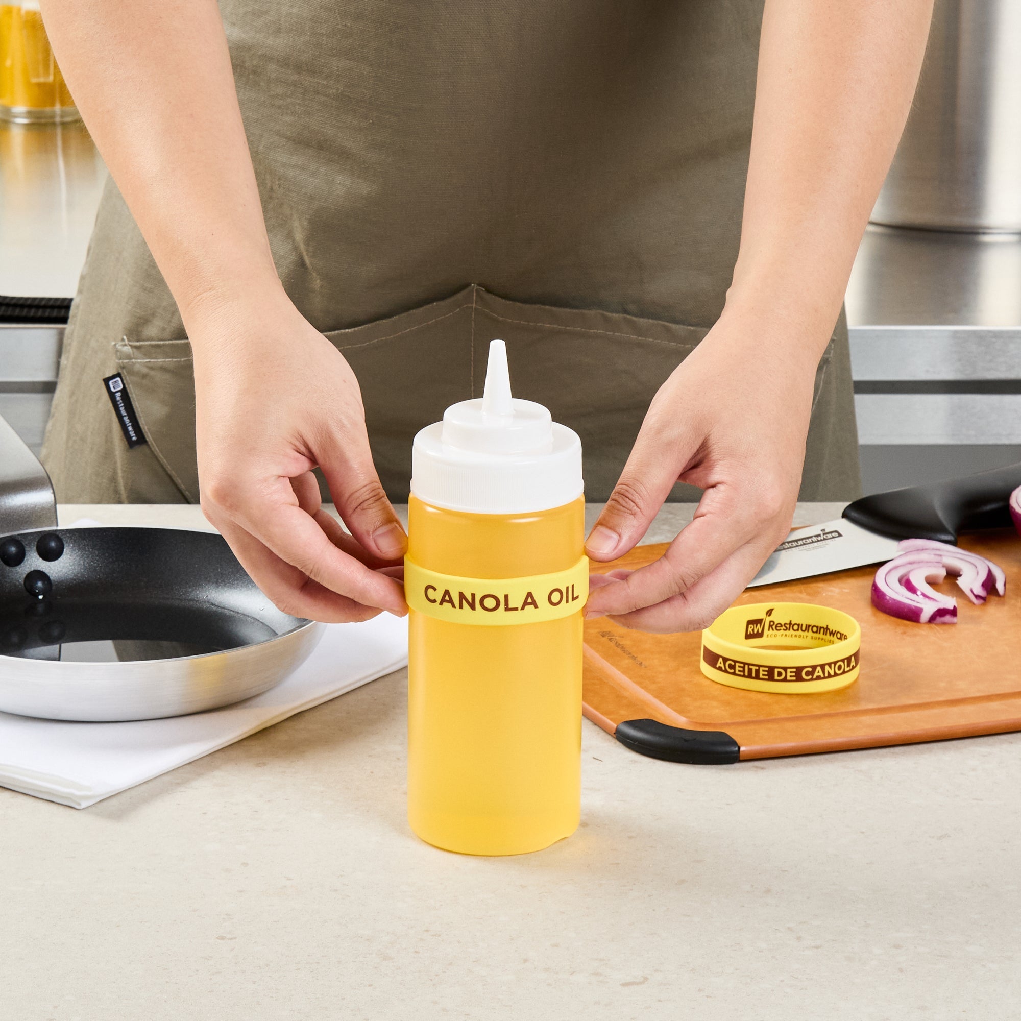 First In First Out Yellow Silicone Canola Oil Label Band - Fits 16, 20 and 24 oz Squeeze Bottles - 10 count box