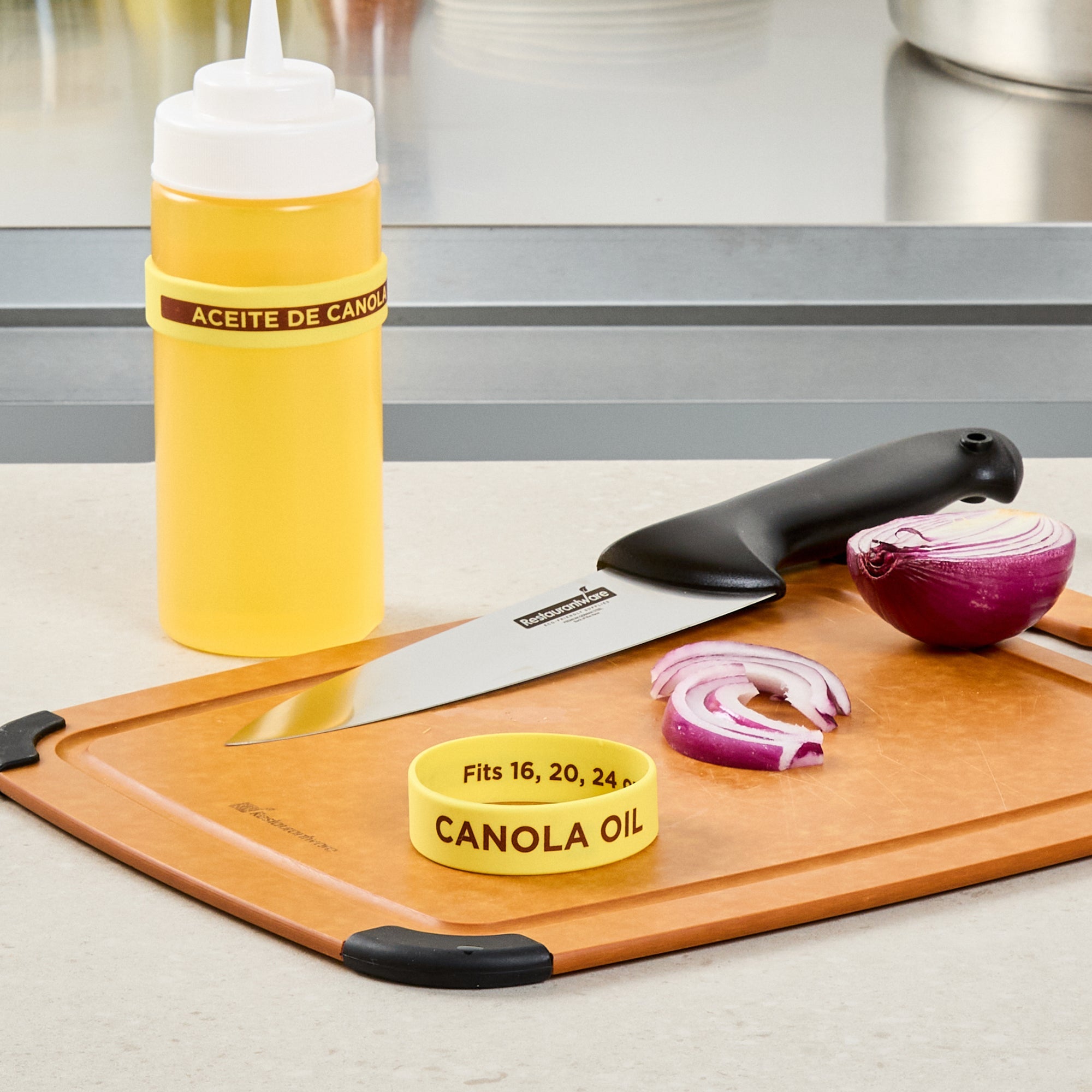 First In First Out Yellow Silicone Canola Oil Label Band - Fits 16, 20 and 24 oz Squeeze Bottles - 10 count box