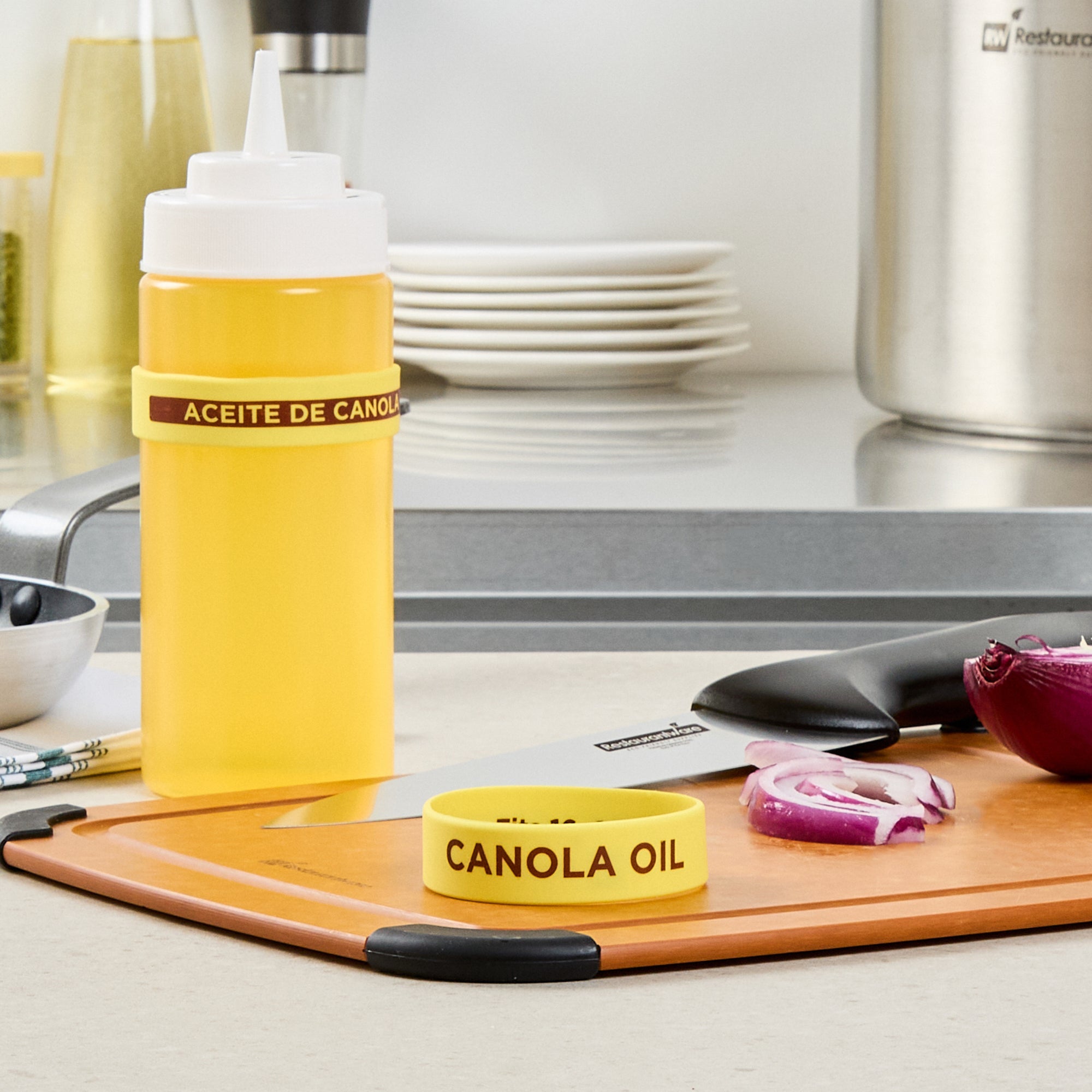 First In First Out Yellow Silicone Canola Oil Label Band - Fits 16, 20 and 24 oz Squeeze Bottles - 10 count box