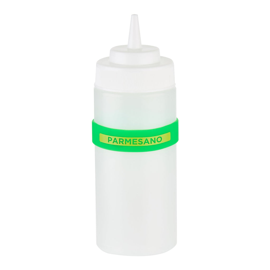 First In First Out Green Silicone Parmesan Label Band - Fits 16, 20 and 24 oz Squeeze Bottles - 10 count box