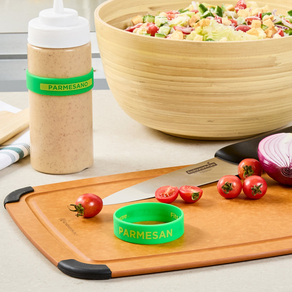 First In First Out Green Silicone Parmesan Label Band - Fits 16, 20 and 24 oz Squeeze Bottles - 10 count box