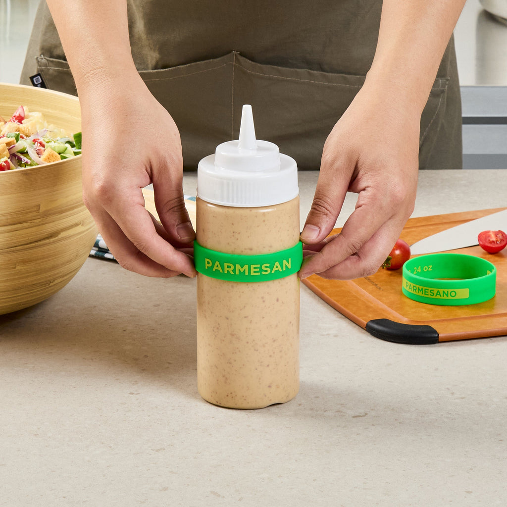 First In First Out Green Silicone Parmesan Label Band - Fits 16, 20 and 24 oz Squeeze Bottles - 10 count box