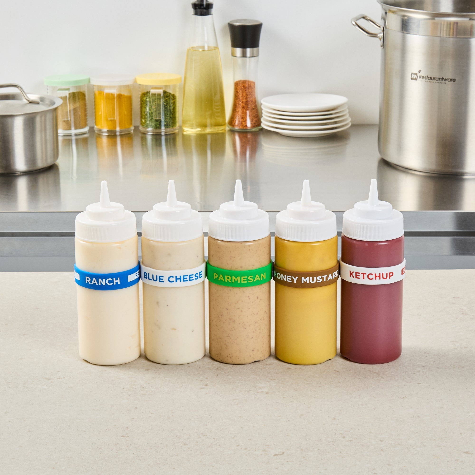 First In First Out Green Silicone Parmesan Label Band - Fits 16, 20 and 24 oz Squeeze Bottles - 10 count box