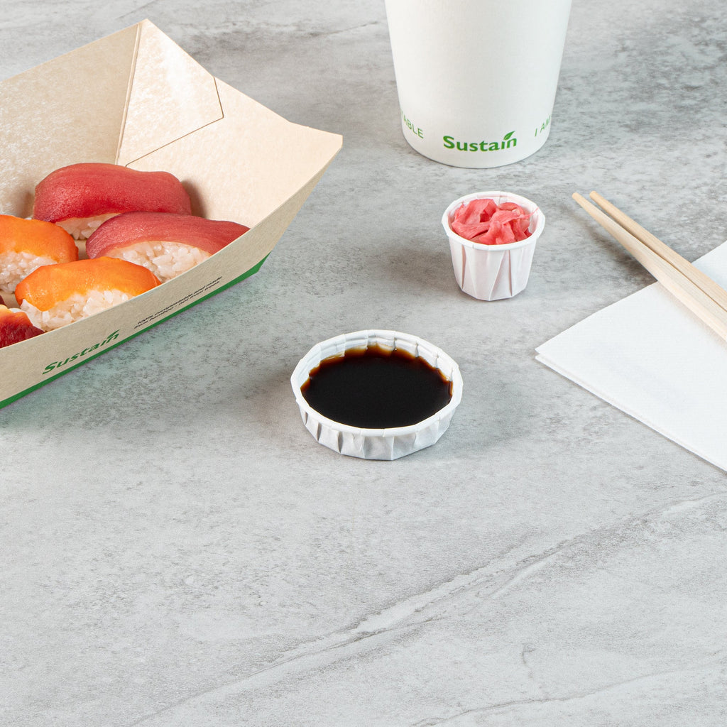 Sustain 1 oz White Paper Squat Portion Cup - Compostable - 100 count box