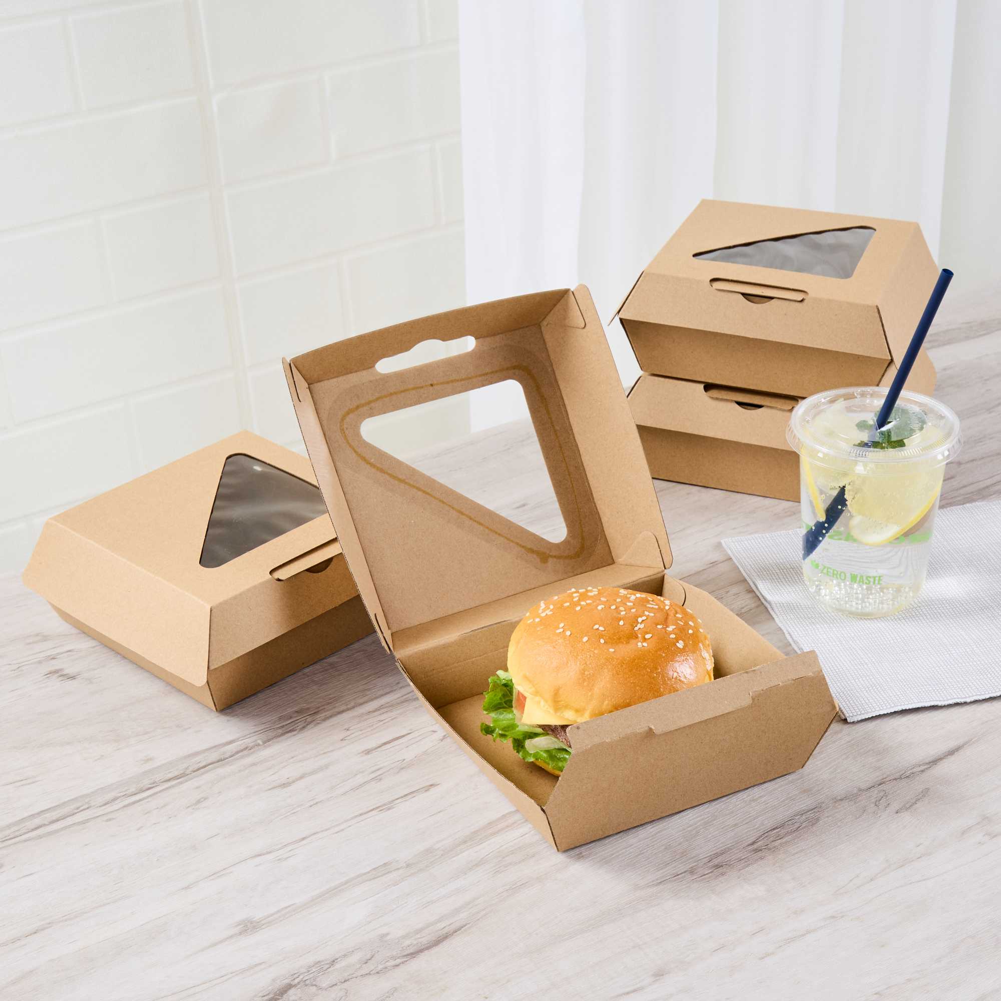 Eco Tek Kraft Paper Corrugated Burger Box - with PLA Window - 5 1/2" x 5 1/2" x 2 3/4" - 50 count box