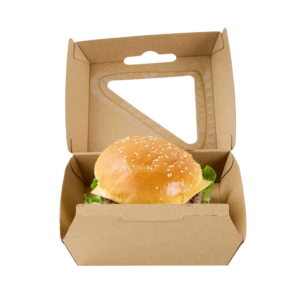 Eco Tek Kraft Paper Corrugated Burger Box - with PLA Window - 5 1/2" x 5 1/2" x 2 3/4" - 50 count box