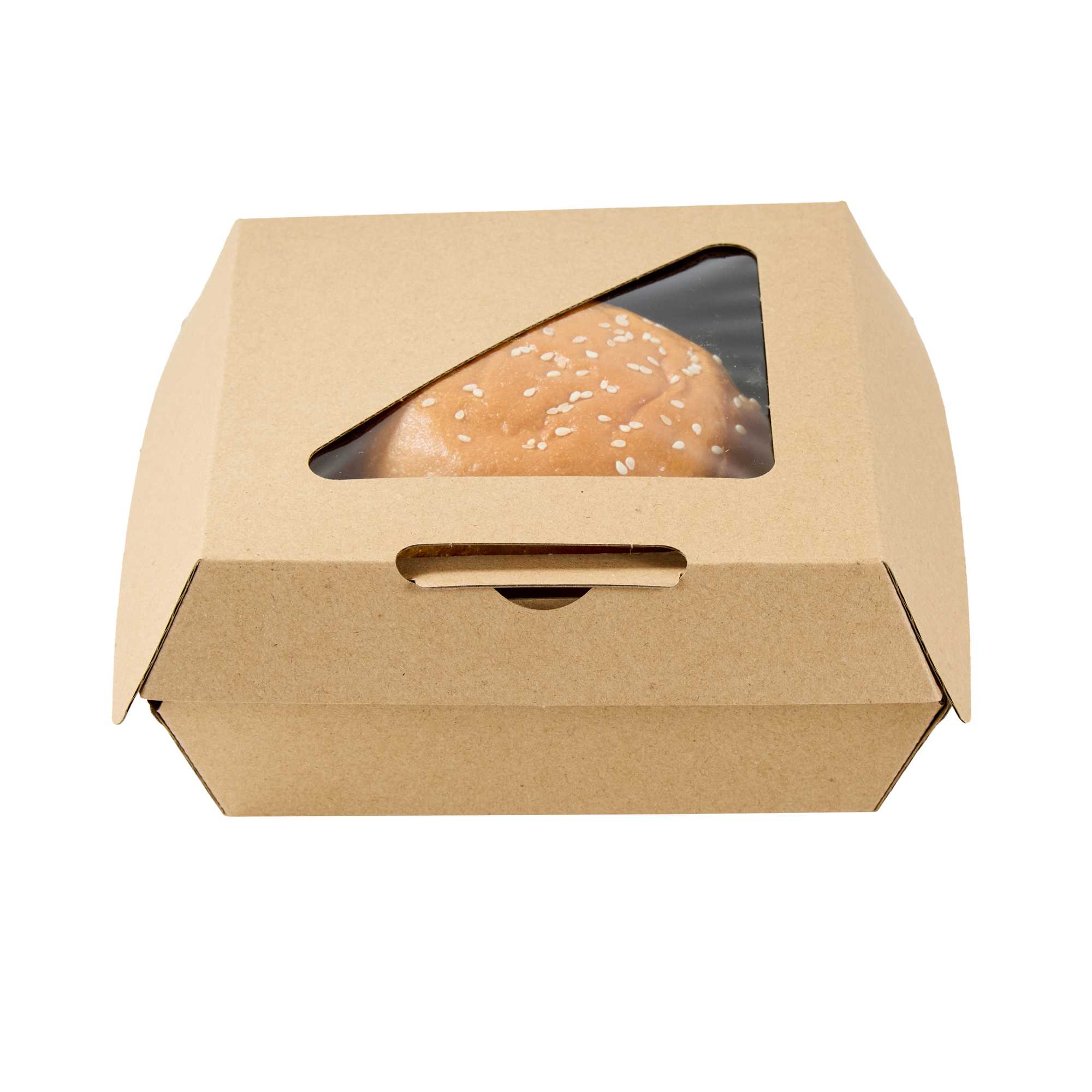 Eco Tek Kraft Paper Corrugated Burger Box - with PLA Window - 5 1/2" x 5 1/2" x 2 3/4" - 50 count box