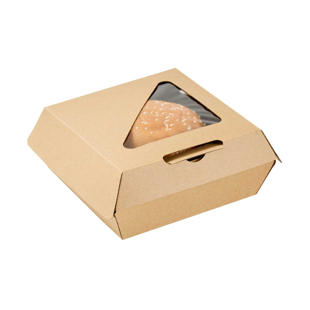 Eco Tek Kraft Paper Corrugated Burger Box - with PLA Window - 5 1/2" x 5 1/2" x 2 3/4" - 50 count box