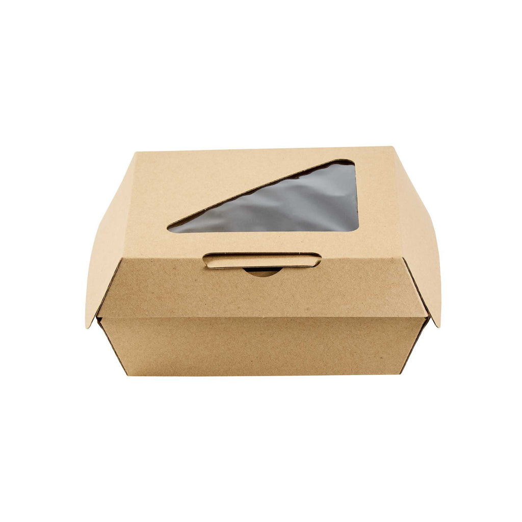 Eco Tek Kraft Paper Corrugated Burger Box - with PLA Window - 5 1/2" x 5 1/2" x 2 3/4" - 50 count box