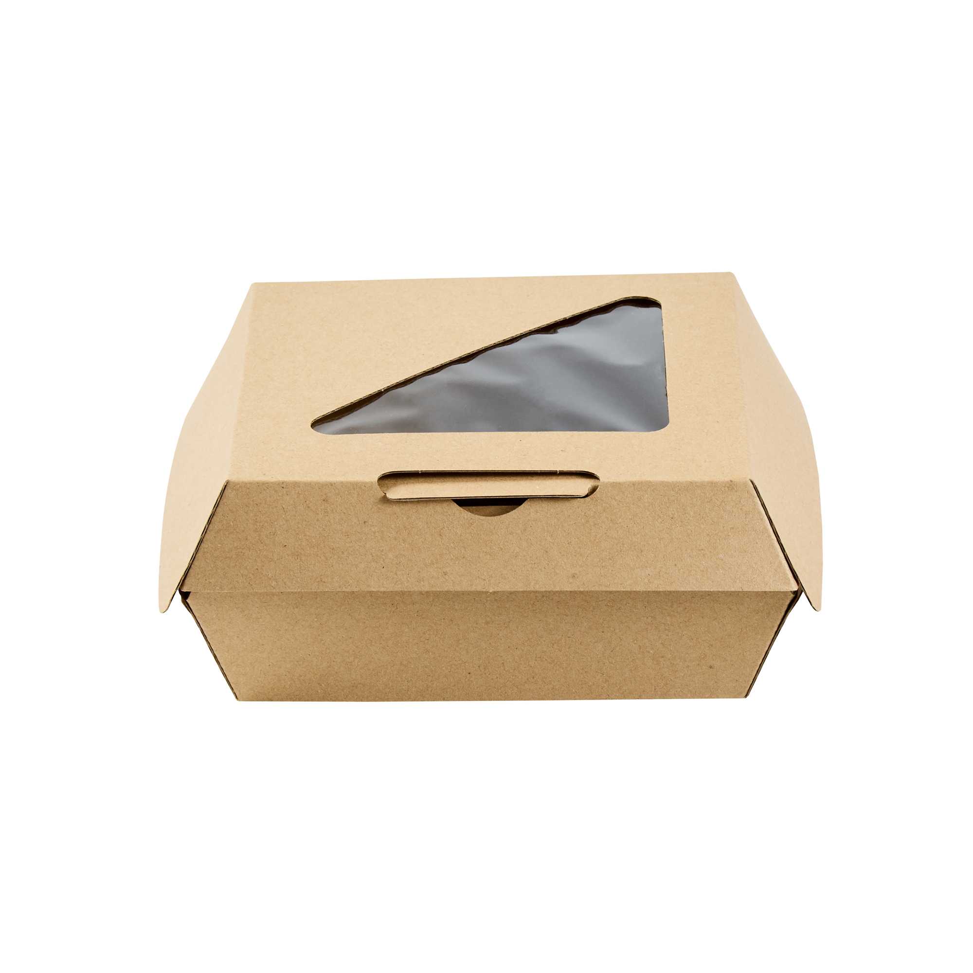 Eco Tek Kraft Paper Corrugated Burger Box - with PLA Window - 5 1/2" x 5 1/2" x 2 3/4" - 50 count box