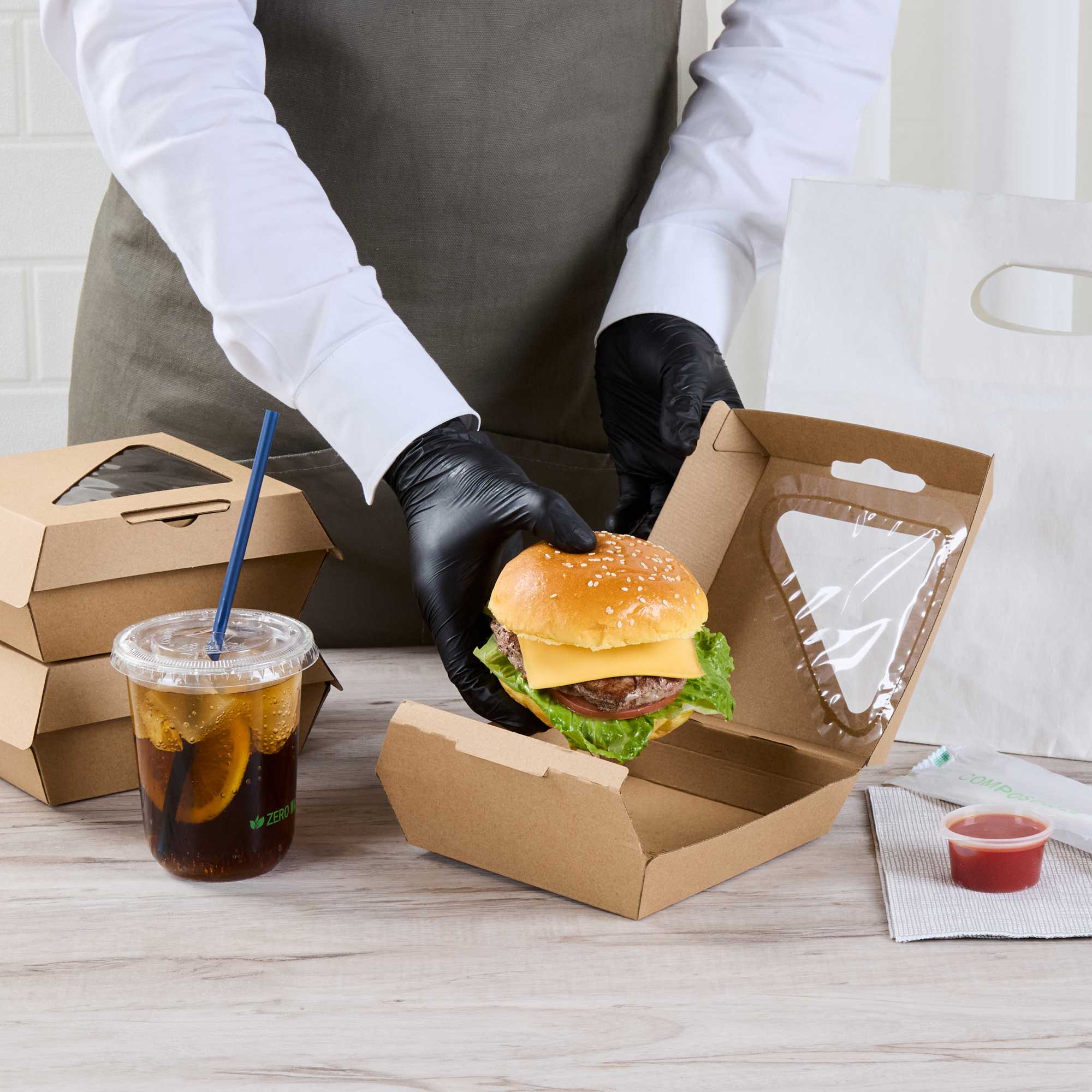 Eco Tek Kraft Paper Corrugated Burger Box - with PLA Window - 5 1/2" x 5 1/2" x 2 3/4" - 50 count box