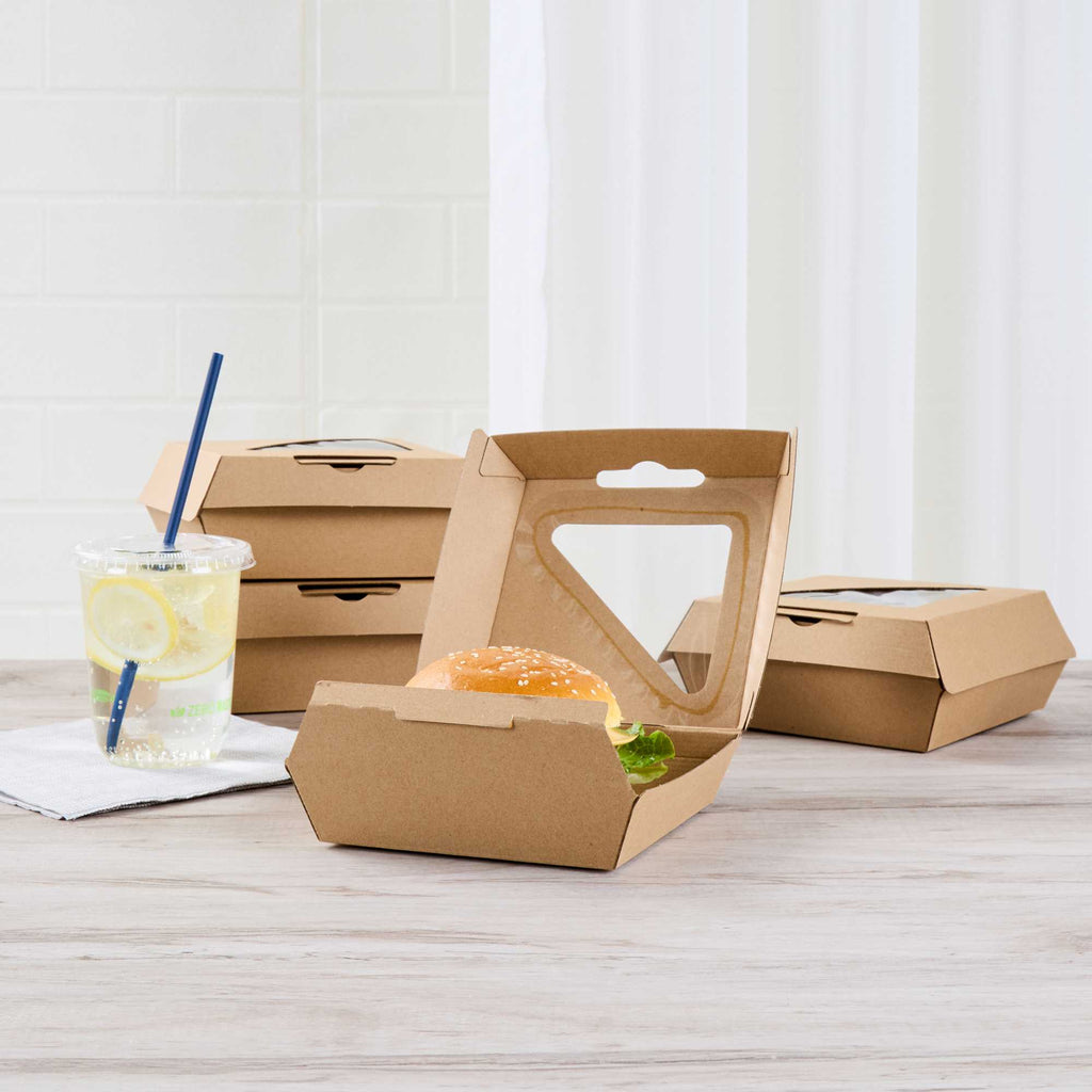 Eco Tek Kraft Paper Corrugated Burger Box - with PLA Window - 5 1/2" x 5 1/2" x 2 3/4" - 50 count box