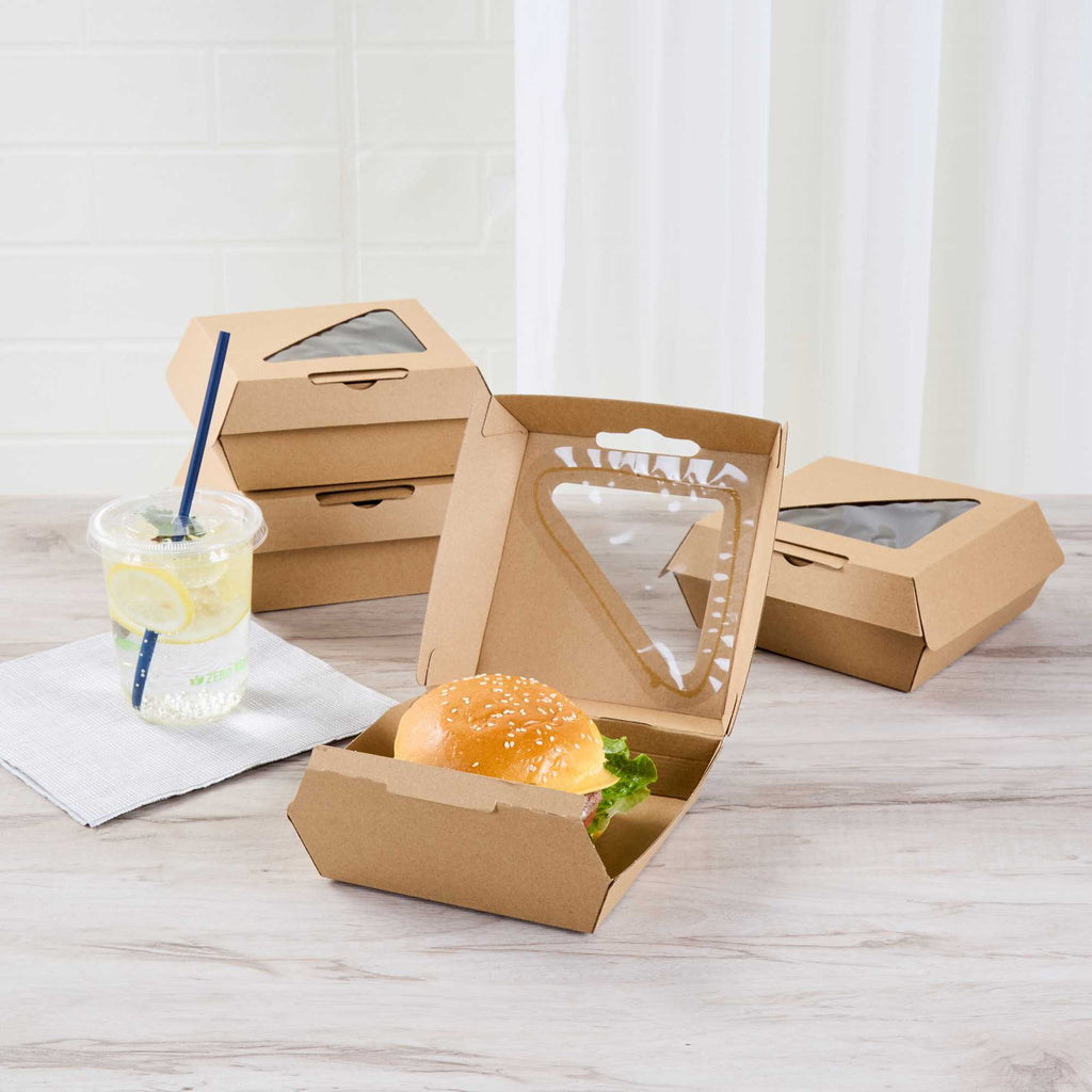 Eco Tek Kraft Paper Corrugated Burger Box - with PLA Window - 5 1/2" x 5 1/2" x 2 3/4" - 50 count box