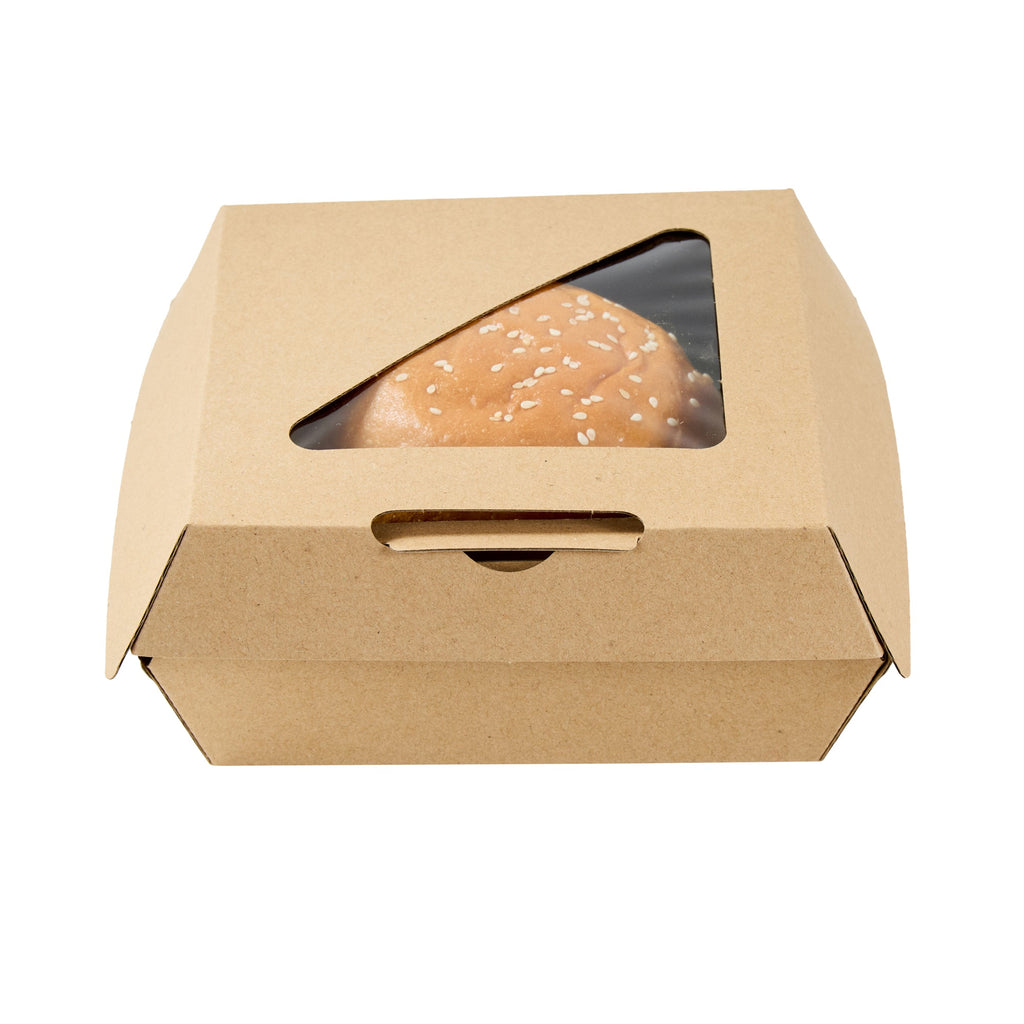 Eco Tek Kraft Paper Corrugated Burger Box - with PLA Window - 5 1/2" x 5 1/2" x 2 3/4" - 100 count box