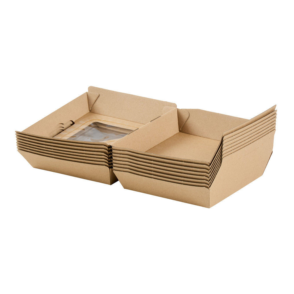 Eco Tek Kraft Paper Corrugated Burger Box - with PLA Window - 5 1/2" x 5 1/2" x 2 3/4" - 100 count box