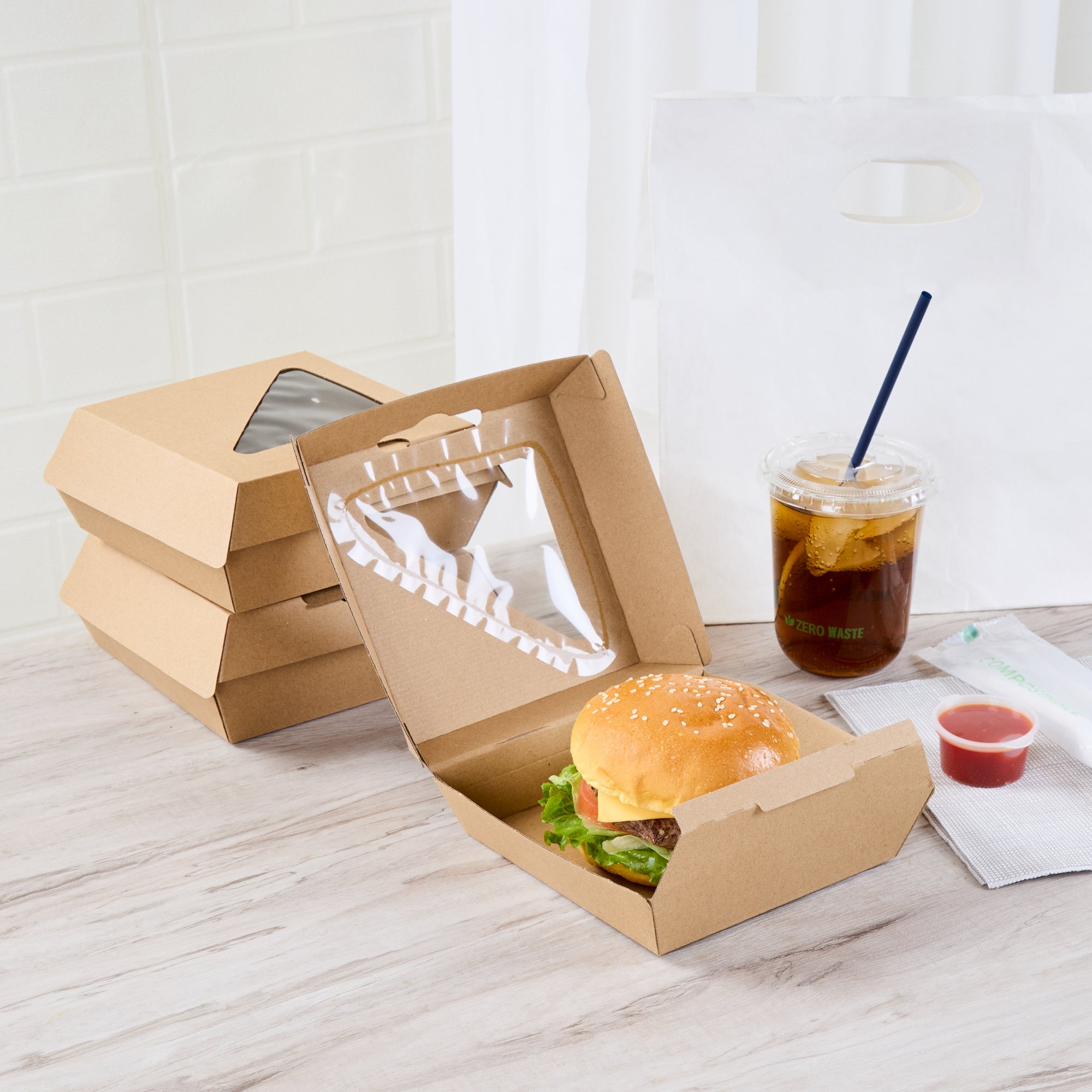 Eco Tek Kraft Paper Corrugated Burger Box - with PLA Window - 5 1/2" x 5 1/2" x 2 3/4" - 100 count box