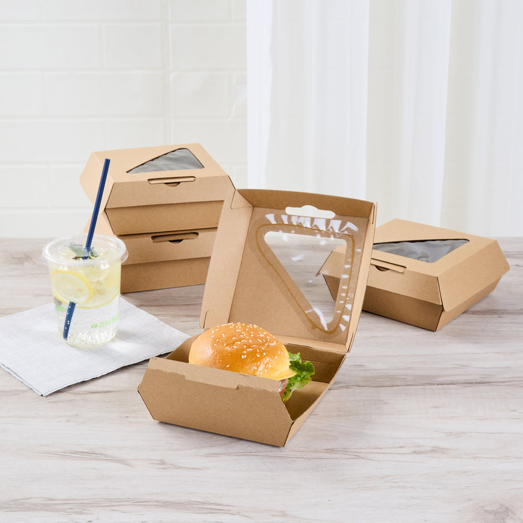 Eco Tek Kraft Paper Corrugated Burger Box - with PLA Window - 5 1/2" x 5 1/2" x 2 3/4" - 100 count box