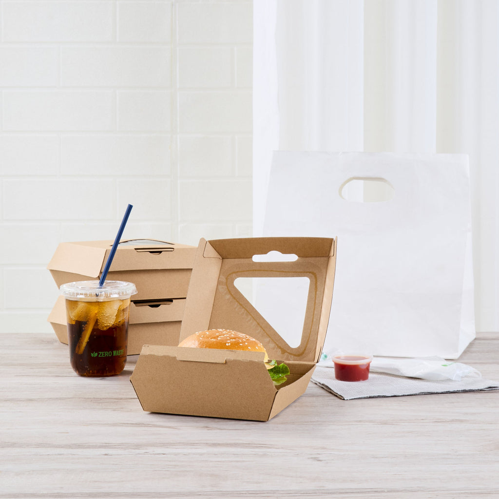 Eco Tek Kraft Paper Corrugated Burger Box - with PLA Window - 5 1/2" x 5 1/2" x 2 3/4" - 100 count box