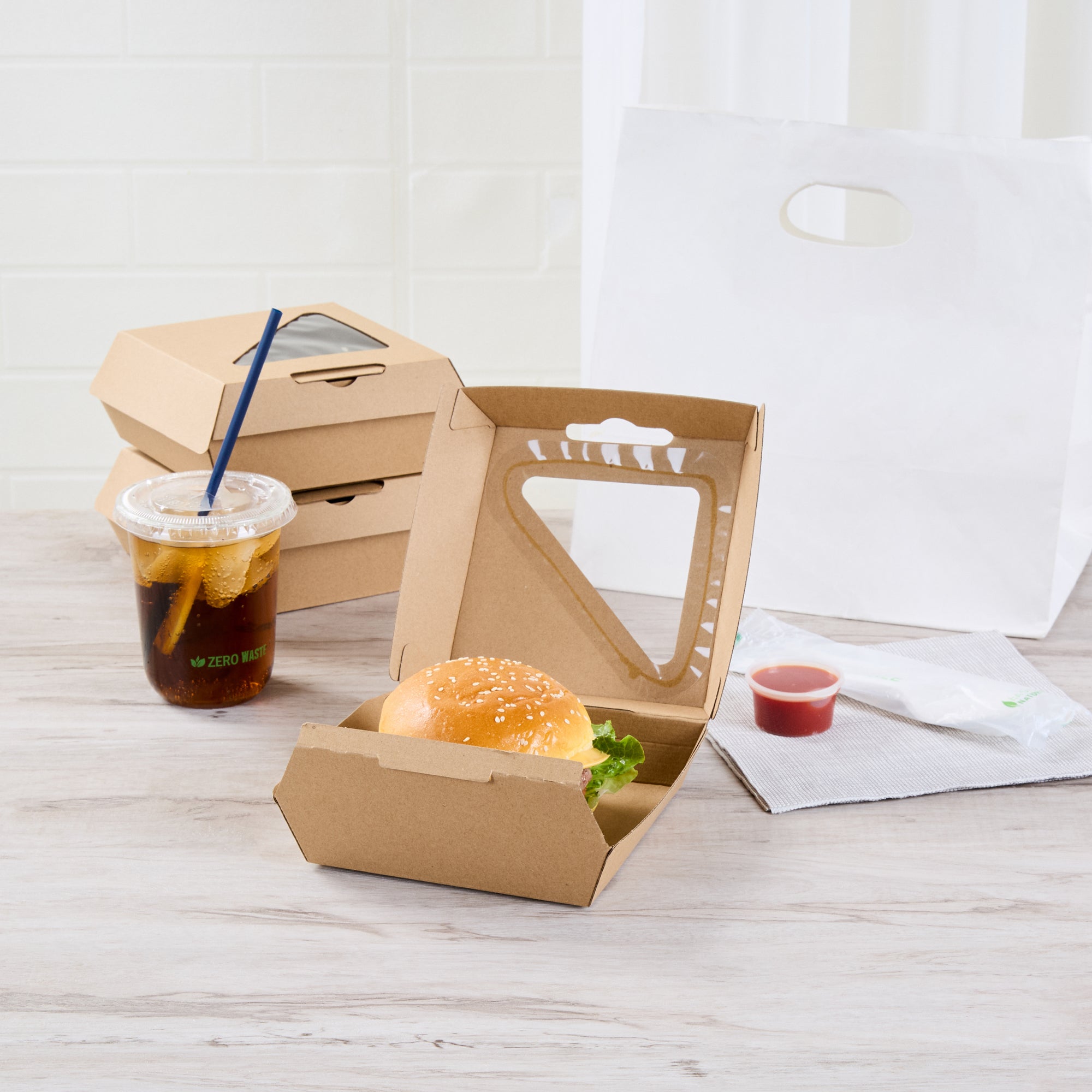 Eco Tek Kraft Paper Corrugated Burger Box - with PLA Window - 5 1/2" x 5 1/2" x 2 3/4" - 100 count box
