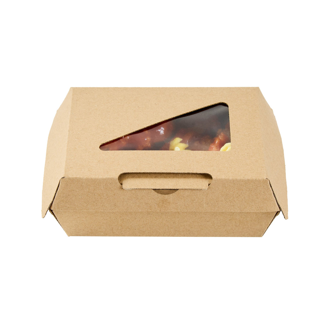 Eco Tek Square Kraft Paper Corrugated Clamshell Container - with PLA Window - 5" x 4" x 2" - 100 count box