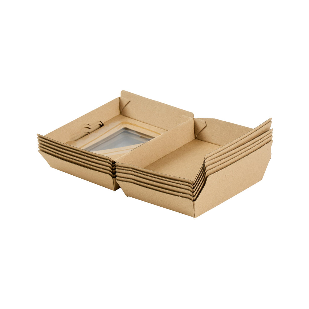 Eco Tek Square Kraft Paper Corrugated Clamshell Container - with PLA Window - 5" x 4" x 2" - 100 count box