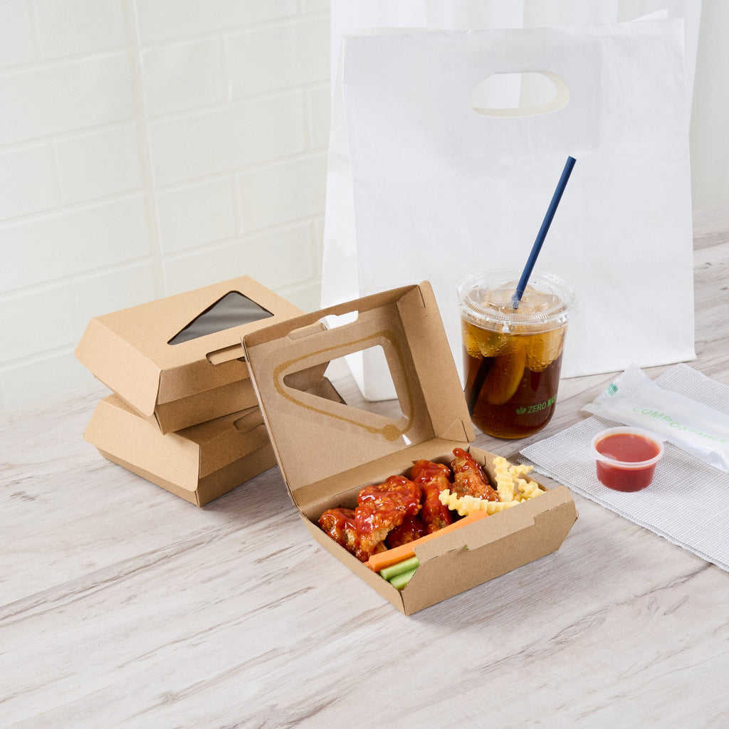 Eco Tek Square Kraft Paper Corrugated Clamshell Container - with PLA Window - 5" x 4" x 2" - 100 count box