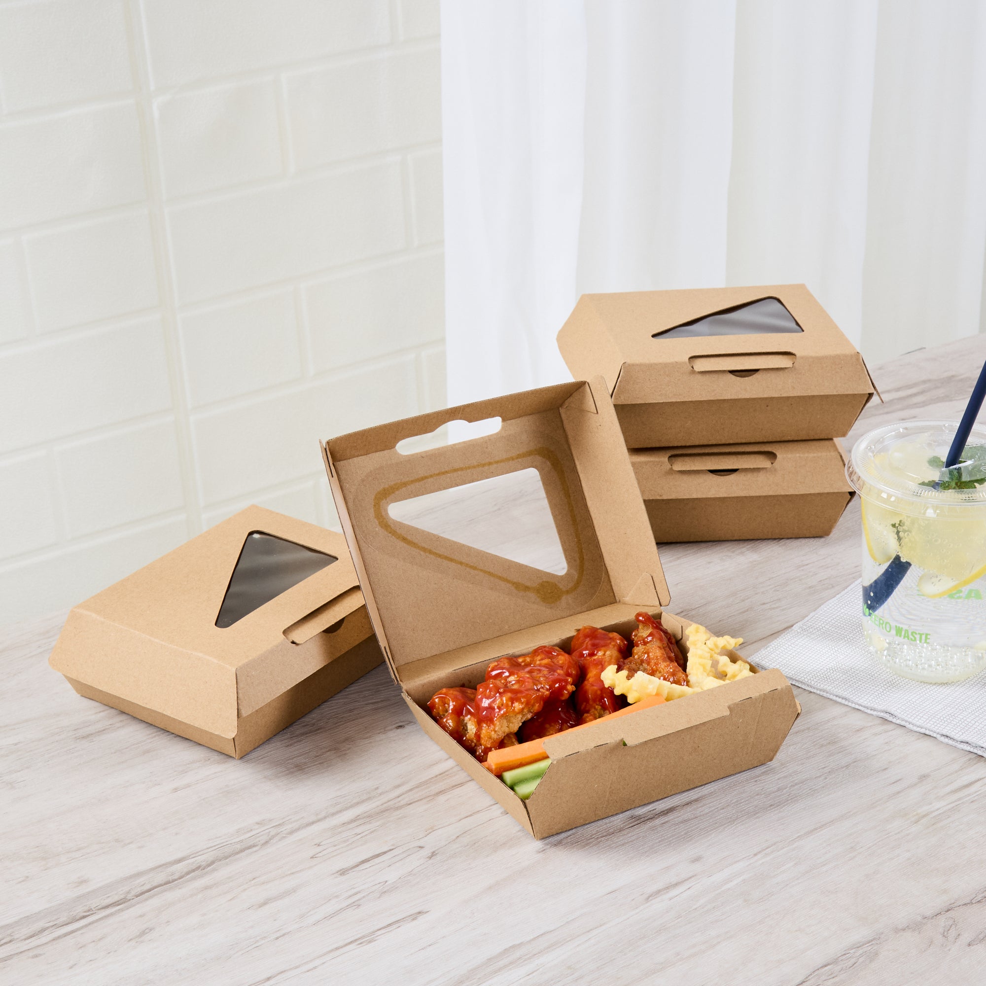 Eco Tek Square Kraft Paper Corrugated Clamshell Container - with PLA Window - 5" x 4" x 2" - 100 count box