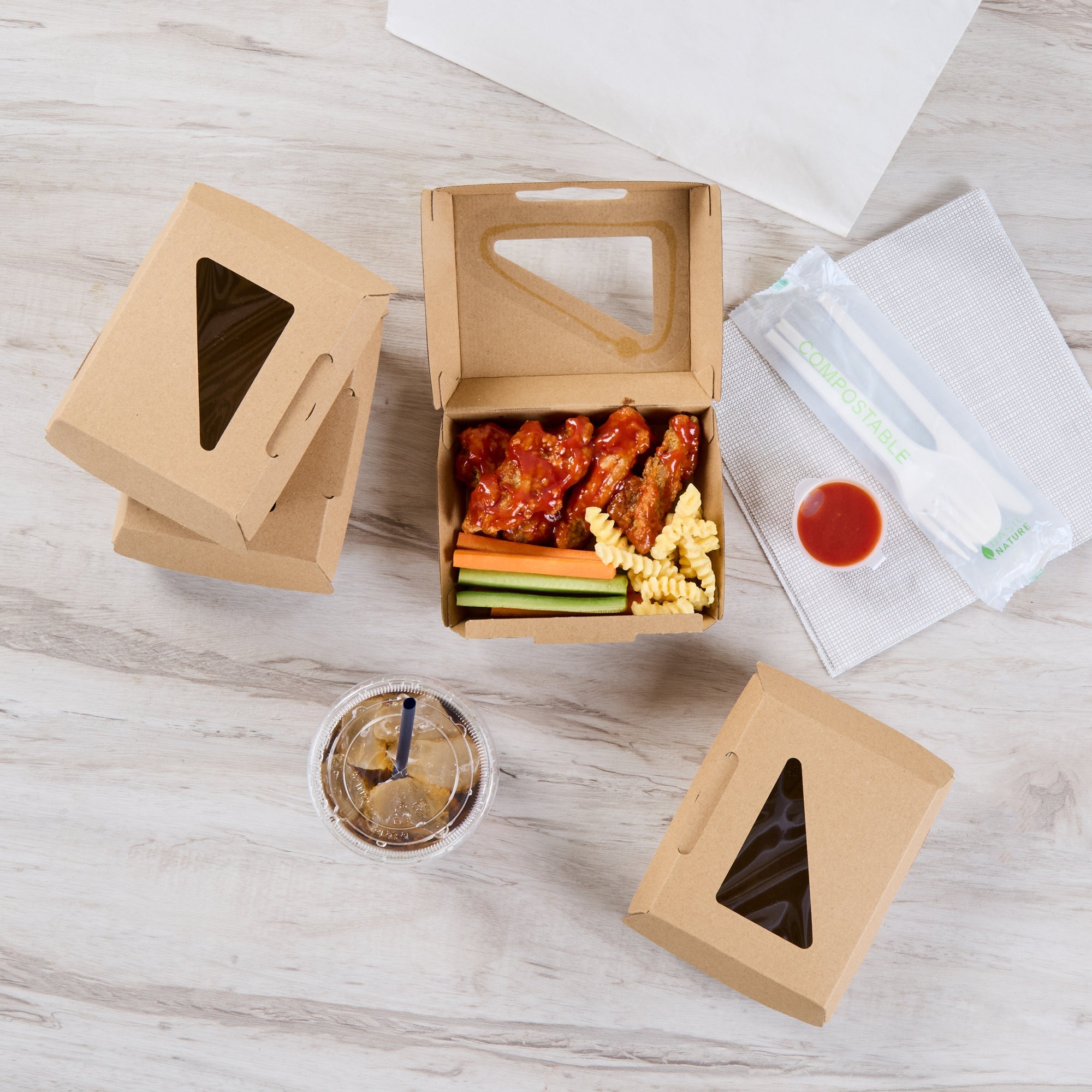 Eco Tek Square Kraft Paper Corrugated Clamshell Container - with PLA Window - 5" x 4" x 2" - 100 count box