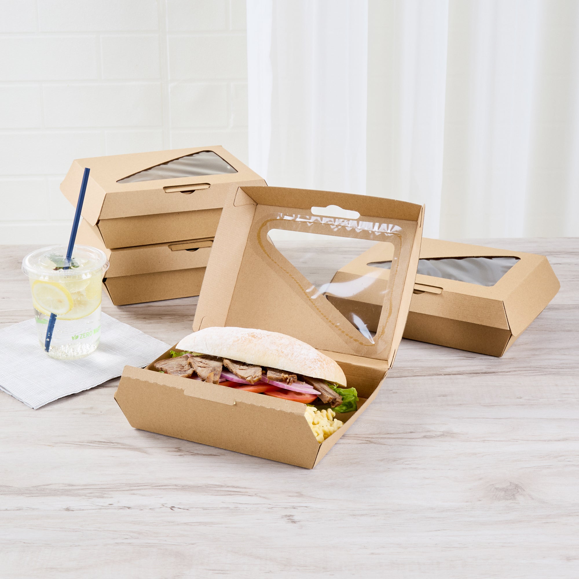 Eco Tek Rectangle Kraft Paper Corrugated Clamshell Container - with PLA Window - 7 3/4" x 6" x 2 3/4" - 100 count box