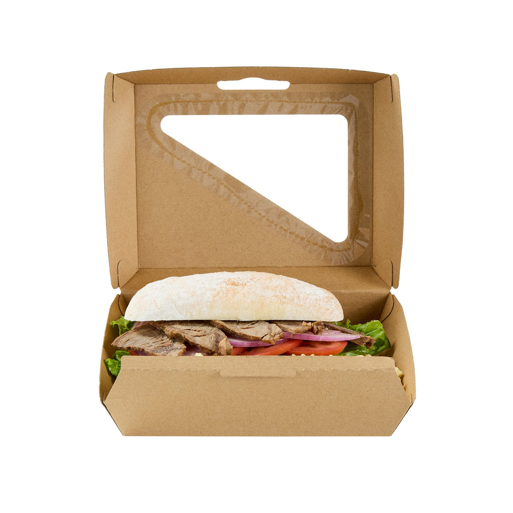Eco Tek Rectangle Kraft Paper Corrugated Clamshell Container - with PLA Window - 7 3/4" x 6" x 2 3/4" - 100 count box