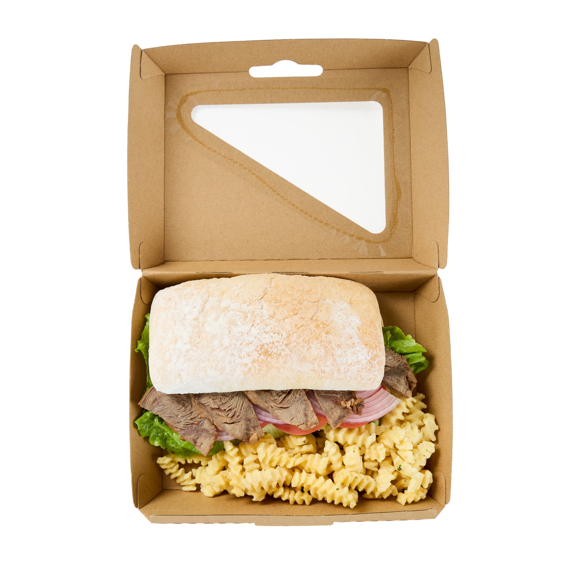 Eco Tek Rectangle Kraft Paper Corrugated Clamshell Container - with PLA Window - 7 3/4" x 6" x 2 3/4" - 100 count box
