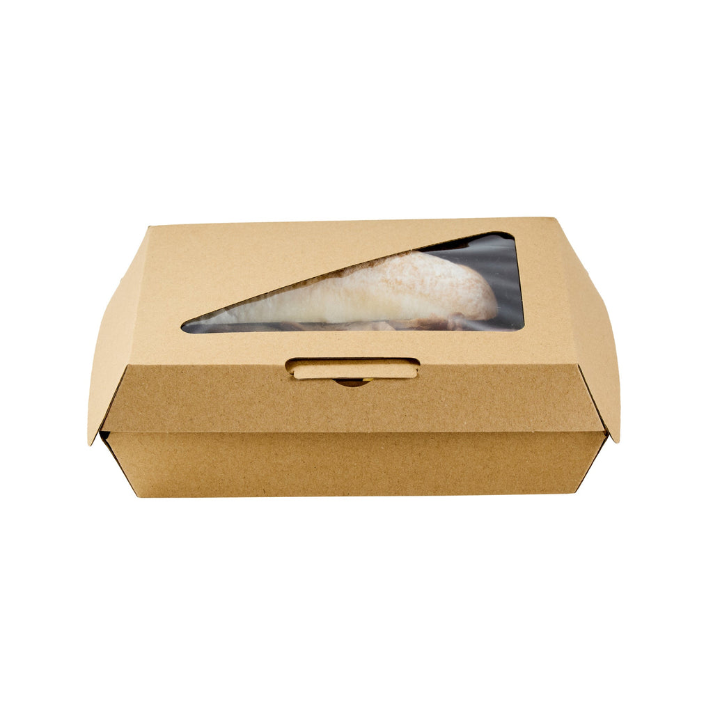 Eco Tek Rectangle Kraft Paper Corrugated Clamshell Container - with PLA Window - 7 3/4" x 6" x 2 3/4" - 100 count box