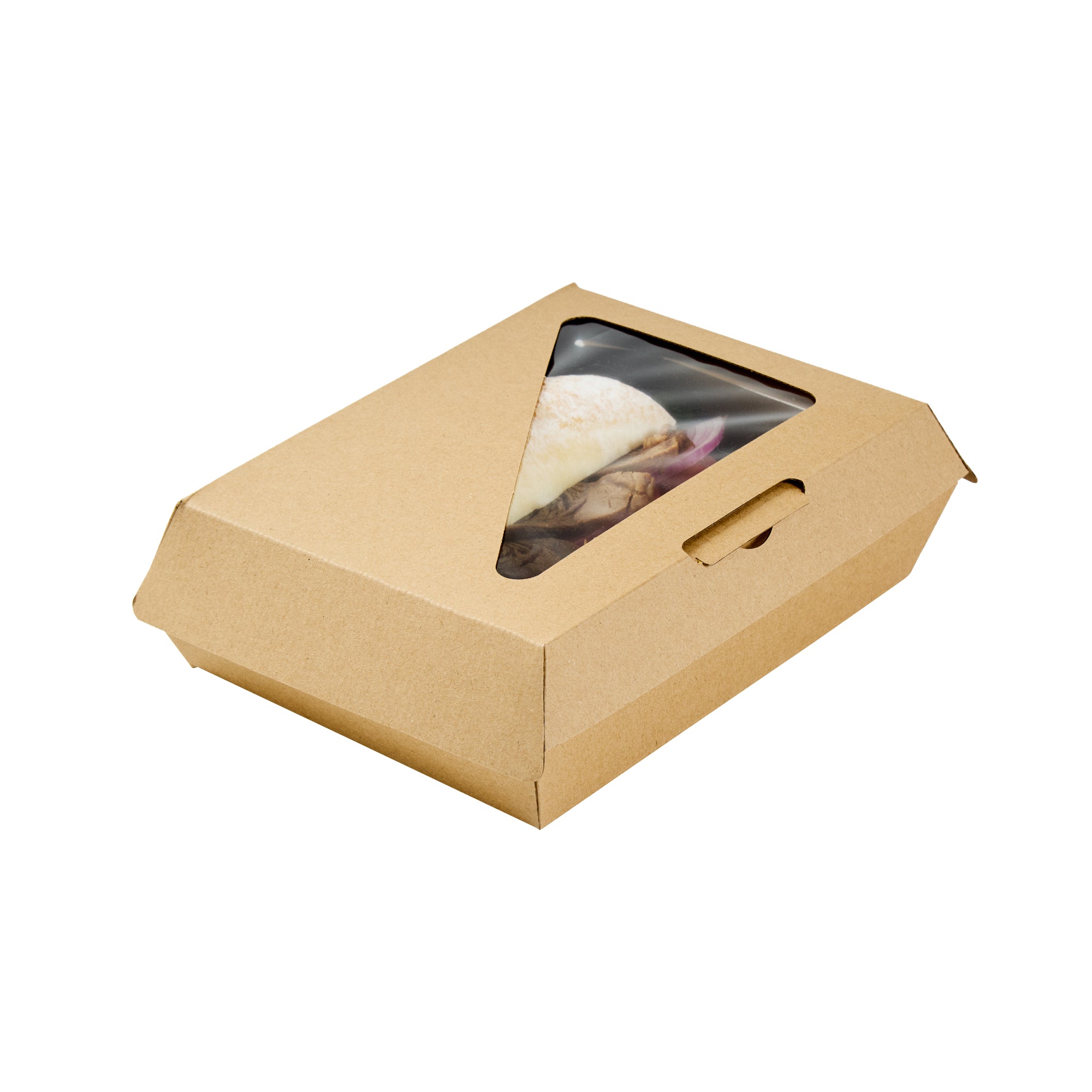 Eco Tek Rectangle Kraft Paper Corrugated Clamshell Container - with PLA Window - 7 3/4" x 6" x 2 3/4" - 100 count box
