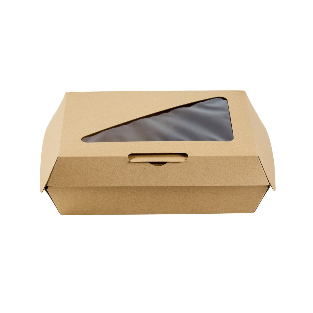 Eco Tek Rectangle Kraft Paper Corrugated Clamshell Container - with PLA Window - 7 3/4" x 6" x 2 3/4" - 100 count box