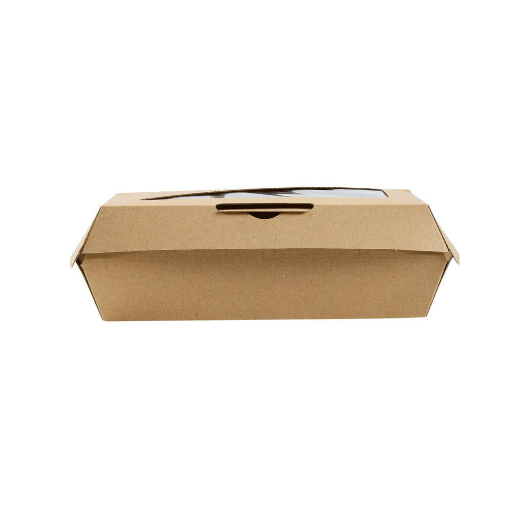 Eco Tek Rectangle Kraft Paper Corrugated Clamshell Container - with PLA Window - 7 3/4" x 6" x 2 3/4" - 100 count box