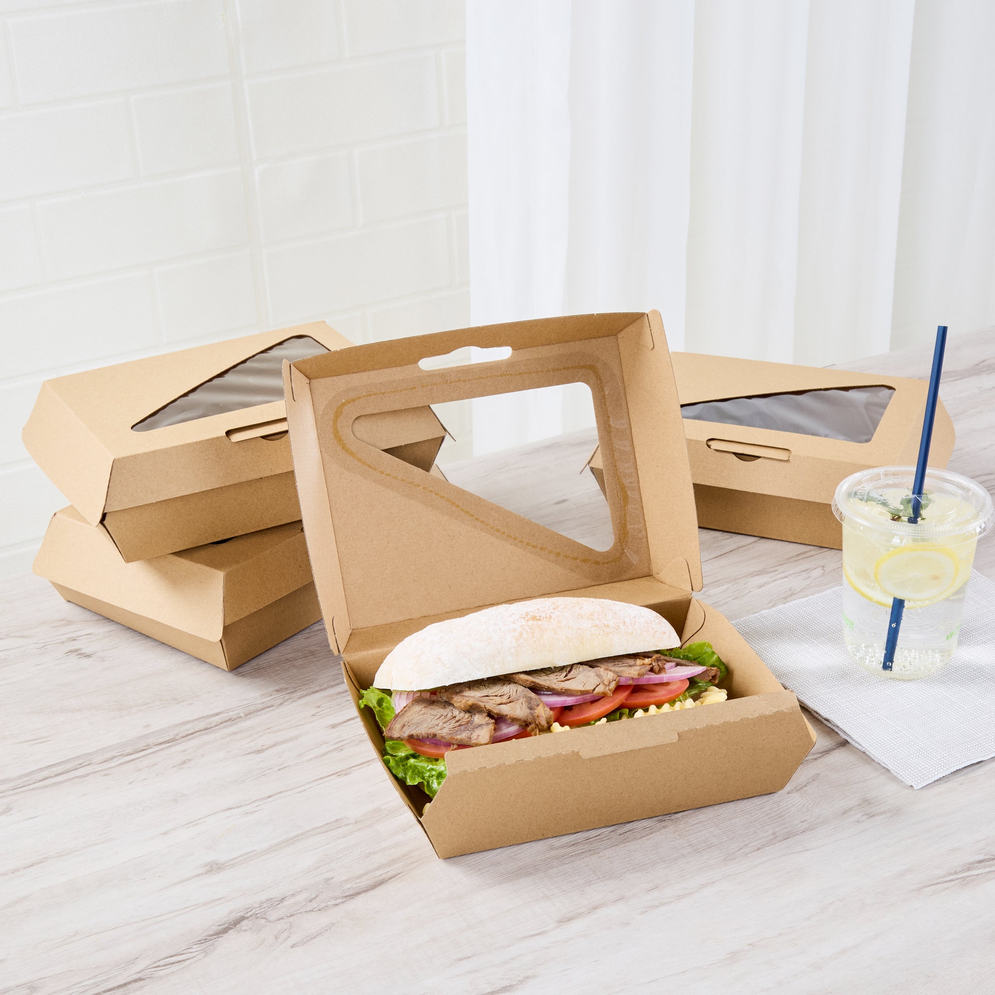 Eco Tek Rectangle Kraft Paper Corrugated Clamshell Container - with PLA Window - 7 3/4" x 6" x 2 3/4" - 100 count box